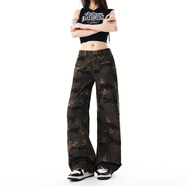 木果果木復古迷彩闊腿牛仔褲女2026夏季寬松直筒褲高腰工裝長(cháng)褲 迷彩 S