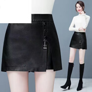 皮爾卡丹（pierre cardin）皮裙褲女秋冬2024新款高腰pu皮裙時(shí)尚外穿松緊腰皮短褲a字靴褲裙 6330#黑色 30/2XL