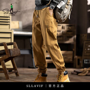 薩拉維夫（SLLAVIF）品牌休閑褲男美式黑色工裝褲潮春牌秋新款寬松大碼痞帥哈倫束腳褲 駝黃色 4XL 體重210斤以上
