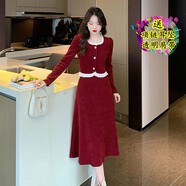 洋氣酒紅色小禮服韓版名媛甜美氣質(zhì)燈芯絨荷葉邊長(cháng)袖連衣裙兩件套 酒紅色原版 M