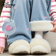 迪士尼童裝女童牛仔褲加厚保暖兒童冬季加絨褲子寬松顯瘦闊腿褲