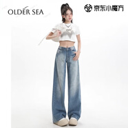 OLDER SEA美式復古闊腿牛仔褲女秋季2025年新款小眾低腰水洗百搭垂感直筒褲 藍色 L 建議110-120斤