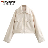 啄木鳥(niǎo)（TUCANO）ins風(fēng)網(wǎng)紅歐美秋冬新品時(shí)尚毛呢短外套女感休閑夾克 乳白色 M 歐美尺碼偏大