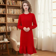 菲夢(mèng)伊100綿羊毛連衣裙女冬季時(shí)尚優(yōu)雅圓領(lǐng)加厚修身打底毛衣裙子 圣誕紅 M 90-120斤