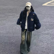 韓潮襲人（HAN CHAO XI REN）國潮復古刺繡2026棉服新款外套冬季美式寬松加厚棉衣面包服女裝 藏青色一件裝【重磅刺繡棉服】民族風(fēng) M  男女同款