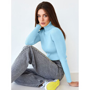 跨境高領(lǐng)毛衣針織打底衫歐美2025秋裝針織衫高領(lǐng)套頭毛衣女 天藍色 均碼