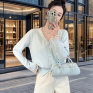 ANBIEM法式設計甜美蕾絲領(lǐng)針織開(kāi)衫蕾絲邊長(cháng)袖毛衣春秋新款軟糯女短款 淺藍色 時(shí)尚蕾絲v領(lǐng)開(kāi)衫 S  推薦體重90-100斤