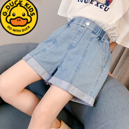 G.duck女童短褲夏裝大童9歲女孩7夏季外穿薄款牛仔褲6五分中褲兒童褲子8 拼縫短褲藍色 170 建議身高160-165cm