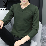 花花公子（PLAYBOY）T恤男春秋季新款針織衫體恤男士V領(lǐng)純色毛衫保暖打底衫上衣服男裝 818軍綠色 常規 L 約105-120斤