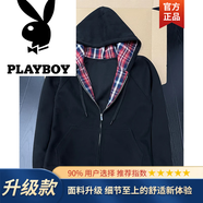 花花公子（PLAYBOY）美式格子拼接衛衣男春秋慵懶風(fēng)重磅硬挺帽衫cleanfit開(kāi)衫情侶外套 黑色【升級款】 M 105115斤