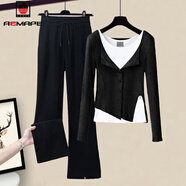 AEMAPE休閑褲女2025春秋冬新款時(shí)尚單套裝開(kāi)叉女裝氣質(zhì)休閑顯瘦百搭洋氣 黑色上衣+黑色褲子 常規 L _建議105-120斤