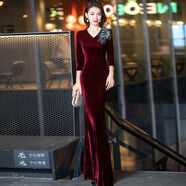 歐美風(fēng)絲絨長(cháng)袖婚宴媽媽裝晚禮服女秋冬新款高端魚(yú)尾喜婆婆裙主持 酒紅 L L100-110