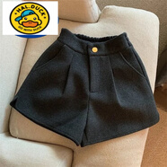 哈羅小黃鴨HAL.DUCK女童秋冬新款純色毛呢開(kāi)叉闊腿短褲松緊高腰寬松直筒休閑外穿靴褲 黑色 140