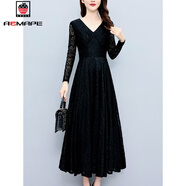 AEMAPE連衣裙2025春夏季裝新款長(cháng)袖蕾絲收腰顯瘦遮肚子時(shí)尚大擺長(cháng)裙女 黑色 5XL