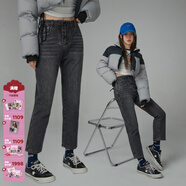 CHUU九分牛仔褲女2025秋季新品深色個(gè)性設計高腰加絨保暖鉛筆褲 黑灰 25