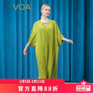 VOA真絲重磅30姆米橄欖綠圓領(lǐng)系帶蝙蝠七分袖桑蠶絲歐美連衣裙 AE898 橄欖綠（G23） L