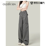 OLDER SEA水泥灰美式闊腿工裝褲女秋季2025新款百搭復古高腰直筒褲子秋季女 灰色 L 建議105-115斤