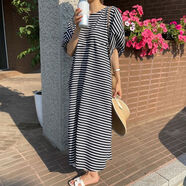 韓國chic夏季復古氣質(zhì)圓領(lǐng)寬松休閑泡泡袖條紋T恤連衣裙長(cháng)裙女 黑色 均碼 均碼