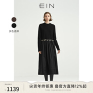 EIN言撞色手作感鉤花縮絨綿羊毛拼接柔霧紗針織連衣裙女秋冬新款 石墨黑 M
