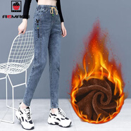 AEMAPE2026春秋新款牛仔褲女季彈力松緊高腰韓版鉛筆褲顯瘦小腳 米奇刺繡款 加絨 XL _建議115-125斤