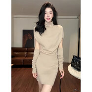 小紅書(shū)爆款高領(lǐng)蝙蝠型收腰針織連衣裙+袖套女2025秋冬新款富家千 卡其色連衣裙(配腰帶) L[建議105-115斤] 均碼