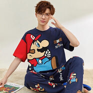 睡衣男士夏季純棉短袖長(cháng)褲卡通薄款加肥加大碼青少年學(xué)生大童套裝 短長(cháng)-XY199 M 小碼L【建議身高163C左右，體重90-100斤