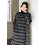 可然樸簡(jiǎn)【澗辰】350G色織澳毛針織 條紋半高領(lǐng)抽繩收腰連衣裙子春季新款 條紋 S