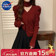 nasawassup遮肉顯瘦V領(lǐng)鏤空泡泡袖打底衫女秋冬季紅色正肩帶圍脖毛衣針織衫 紅色 L【建議100-120斤】