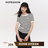 紅袖（hopeshow）奧萊春季新款女裝條紋LOGO繡圓領(lǐng)套頭短袖針織衫 黑白條705 XS