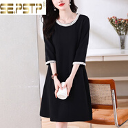 夏典素訂女王（SE.PSTP）胖m妹寬松簡(jiǎn)約七分袖小黑裙秋季新款大尺碼遮肚顯瘦中長(cháng)款時(shí)尚連 圖片色 【關(guān)注店鋪 優(yōu)先發(fā)貨】 5XL 建議180-200斤