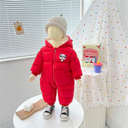 巴拉拉巴拉巴拉新生嬰幼兒服冬季爬爬服寶寶洋氣哈衣男女童連體加絨同款 小熊爬服紅色_加絨加厚 73cm