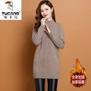 啄木鳥(niǎo)（TUCANO）針織衫女加絨/加厚毛衣半高領(lǐng)中長(cháng)款毛衣純色秋冬加厚寬松針織 駝色加/絨 加厚 L 105-115斤