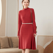半高領(lǐng)山羊絨連衣裙女中長(cháng)款秋冬長(cháng)袖套頭針織毛衣裙修身打底裙子 車(chē)厘子紅 M