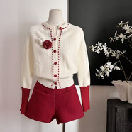 法式千金風(fēng)白色小個(gè)子針織衫套裝秋冬毛衣外套圣誕紅色短褲兩件套 【單件】紅色短褲 S  建議【85-95斤】