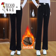 啄木鳥(niǎo)（TUCANO）加絨微喇褲女燈芯絨褲子松緊高腰顯瘦加厚喇叭褲長(cháng)褲秋冬2026新款 黑色【北極絨】M腰喇叭褲 加厚 M 建議95斤以下
