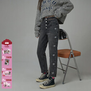 CHUU高腰牛仔褲女士冬季新款單排扣鏤空愛(ài)心顯瘦小腳長(cháng)褲子 黑灰 25