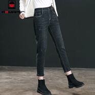 AEMAPE2025春秋冬季新款加絨不加絨深色九分牛仔褲女高腰黑色顯瘦保暖 5037黑灰_有彈 27 _2尺0建議90-100斤
