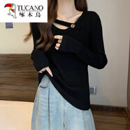 啄木鳥(niǎo)（TUCANO）毛衣打底衫女大碼女裝小心機設計感胖mm洋氣減齡顯瘦別致針織上衣 黑色 L 建議100-120斤拍