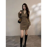 純欲御姐風(fēng)時(shí)髦假口袋V領(lǐng)連衣裙女秋冬收腰顯瘦打底性感包臀短裙 奶咖色 S S建議80-100斤