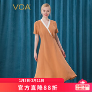 VOA41姆米重磅桑蠶絲撞色V領(lǐng)白鑲邊短袖純色中長(cháng)款真絲連衣裙 A028 棕黃（E02） M