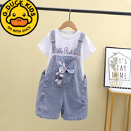 G.duck女童牛仔背帶褲套裝2025夏季新款中大童薄短褲短袖T恤吊帶兩件套 單件背帶褲 140 cm 建議8-11歲中大童