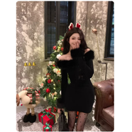 啄木鳥(niǎo)本命年新年戰袍紅色一字肩蝴蝶結針織連衣裙女秋冬修身包臀短裙子 黑色連身裙/穿搭/裙子女秋冬/連衣裙202新款女秋 S