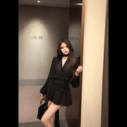 ANBIEM法式黑色飄帶v領(lǐng)長(cháng)袖連衣裙女早秋顯瘦高腰雪紡裙子純欲風(fēng)a字短裙 連衣裙 S