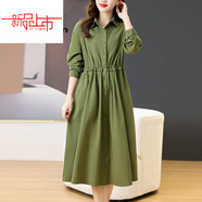 啄木鳥(niǎo)（TUCANO）純棉連衣裙2025新款韓版氣質(zhì)收腰中長(cháng)款媽m媽休閑簡(jiǎn)約長(cháng)袖顯瘦裙 綠色今年流行的輕奢品牌 XL 【建議125-140斤】