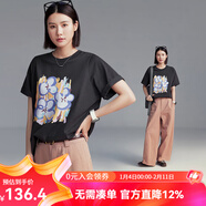 雲上生活【繁花t】藝術(shù)印花索羅娜涼感T恤女短袖寬松圓領(lǐng)上衣2025夏T9495X 深空灰 S