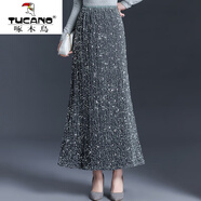 啄木鳥(niǎo)（TUCANO）酒紅色絲絨亮片半身裙女春秋新款高腰顯瘦氣質(zhì)長(cháng)款時(shí)尚a字魚(yú)尾裙 灰色 均碼