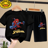 G.duck童裝男童蜘蛛俠印花套裝短袖套裝夏季薄款中小童寶寶男孩半袖T恤 黑網(wǎng)蜘蛛俠短T+短褲-黑色 100CM適合90-100cm年齡3-4歲