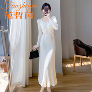 范哲茵針織連衣裙女長(cháng)袖2025秋冬中長(cháng)款過(guò)膝荷葉邊魚(yú)尾包臀打底內搭 白杏色 均碼 90-130斤