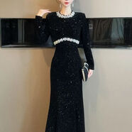 歐洲站黑色連衣裙女秋季重工鑲鉆宴會(huì )禮服輕奢高級感修身魚(yú)尾長(cháng)裙 黑色金絲絨 不加絨 L  建議115-125斤