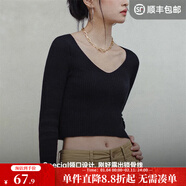 馬登女裝 美式復古針織純棉內搭V領(lǐng)顯瘦打底衫秋短款修身百搭上衣 墨黑色 M